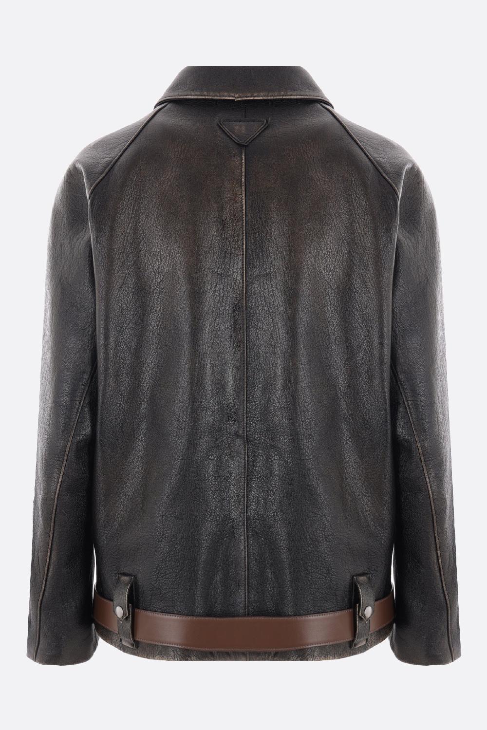 PRADA Giubbotto Full-zip In Pelle Vintage Con Cintura