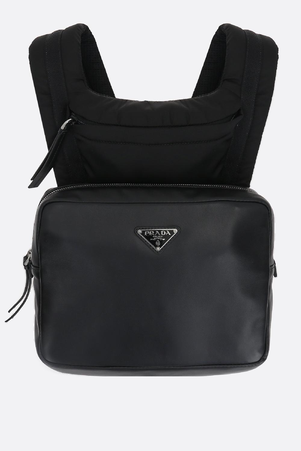 PRADA zaino in pelle liscia e nylon con cappuccio