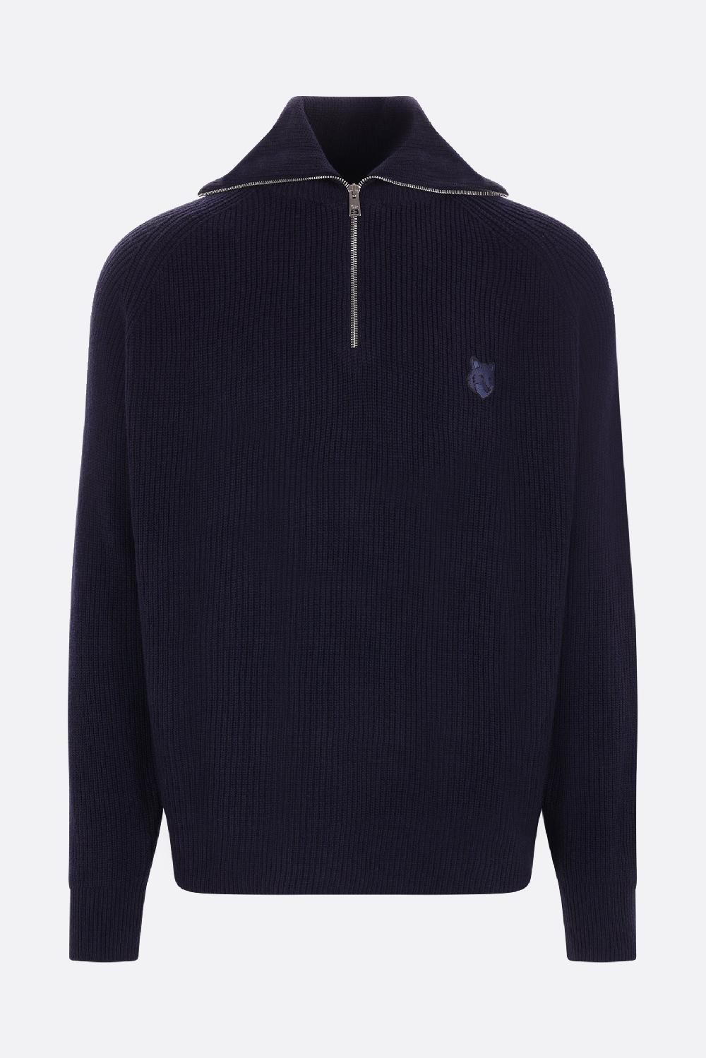 MAISON KITSUNÉ pullover half-zip in misto lana patch Bold Fox Head