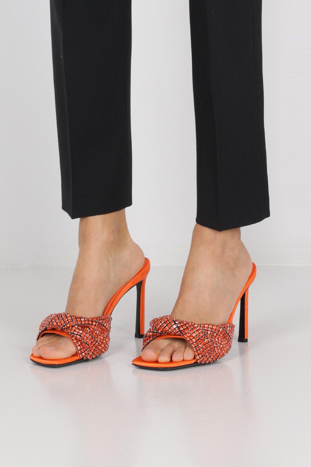 SERGIO ROSSI Sandalo Mule Evangelie In Raso Con Cristalli