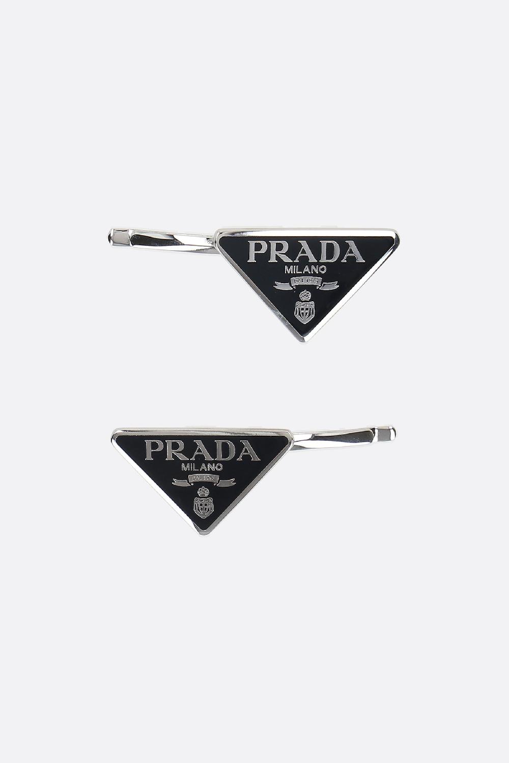 PRADA set due fermagli per capelli in metallo con logo