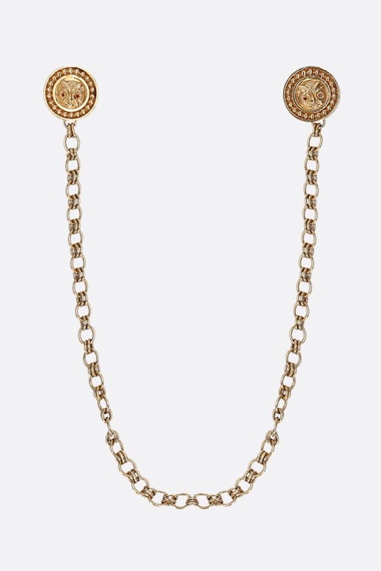 CHANEL VINTAGE WOMAN spilla in metallo con doppio medaglione e catena