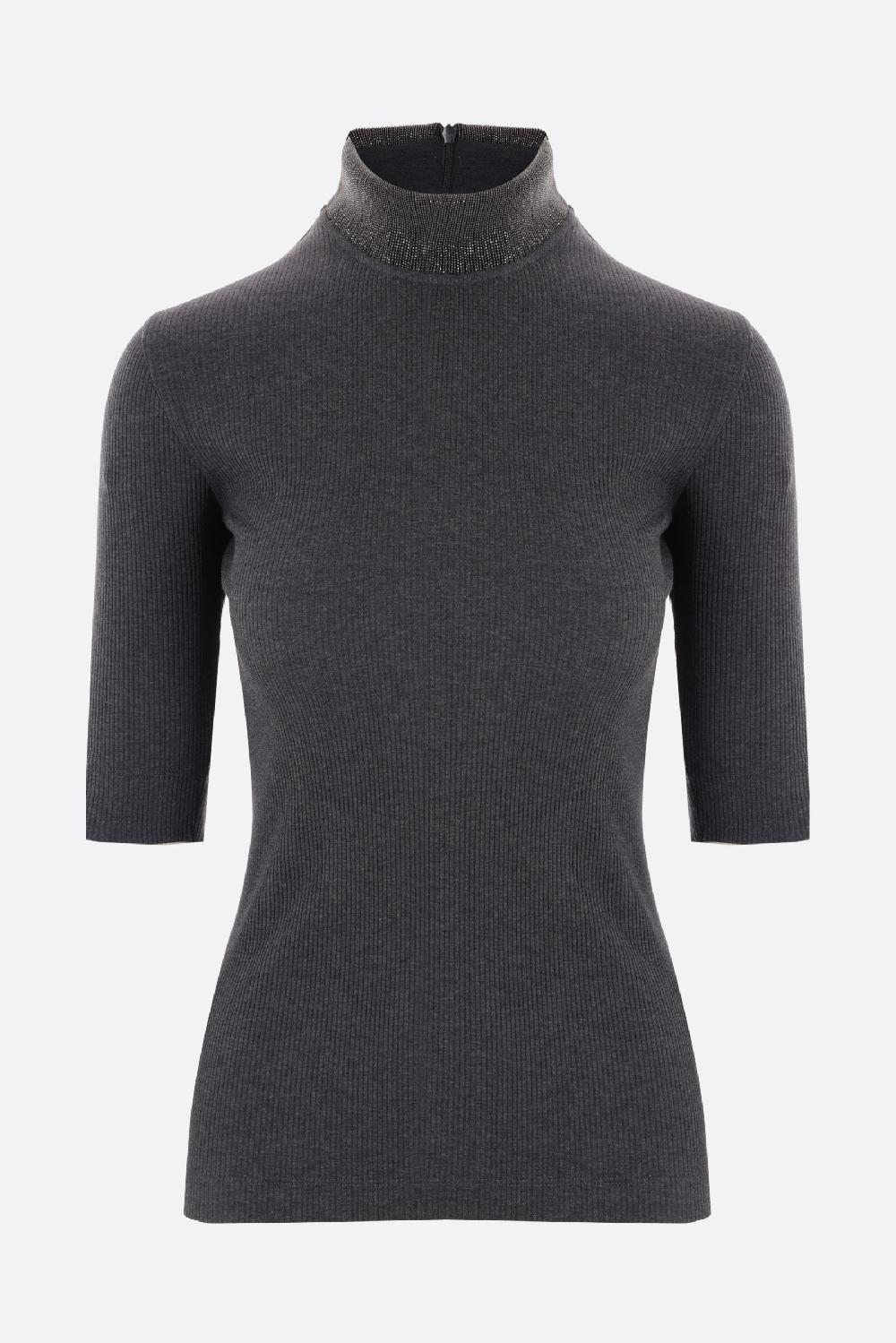 BRUNELLO CUCINELLI t-shirt in jersey stretch a costine con Precious Ribbed Collar