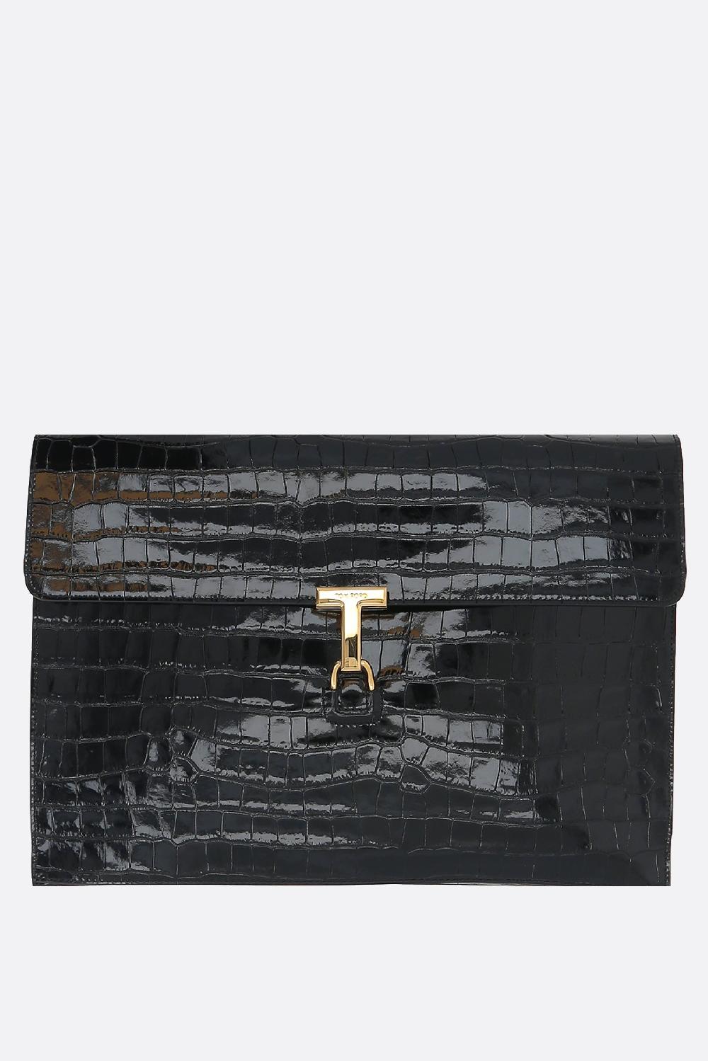 TOM FORD T Pin crocodile embossed leather clutch