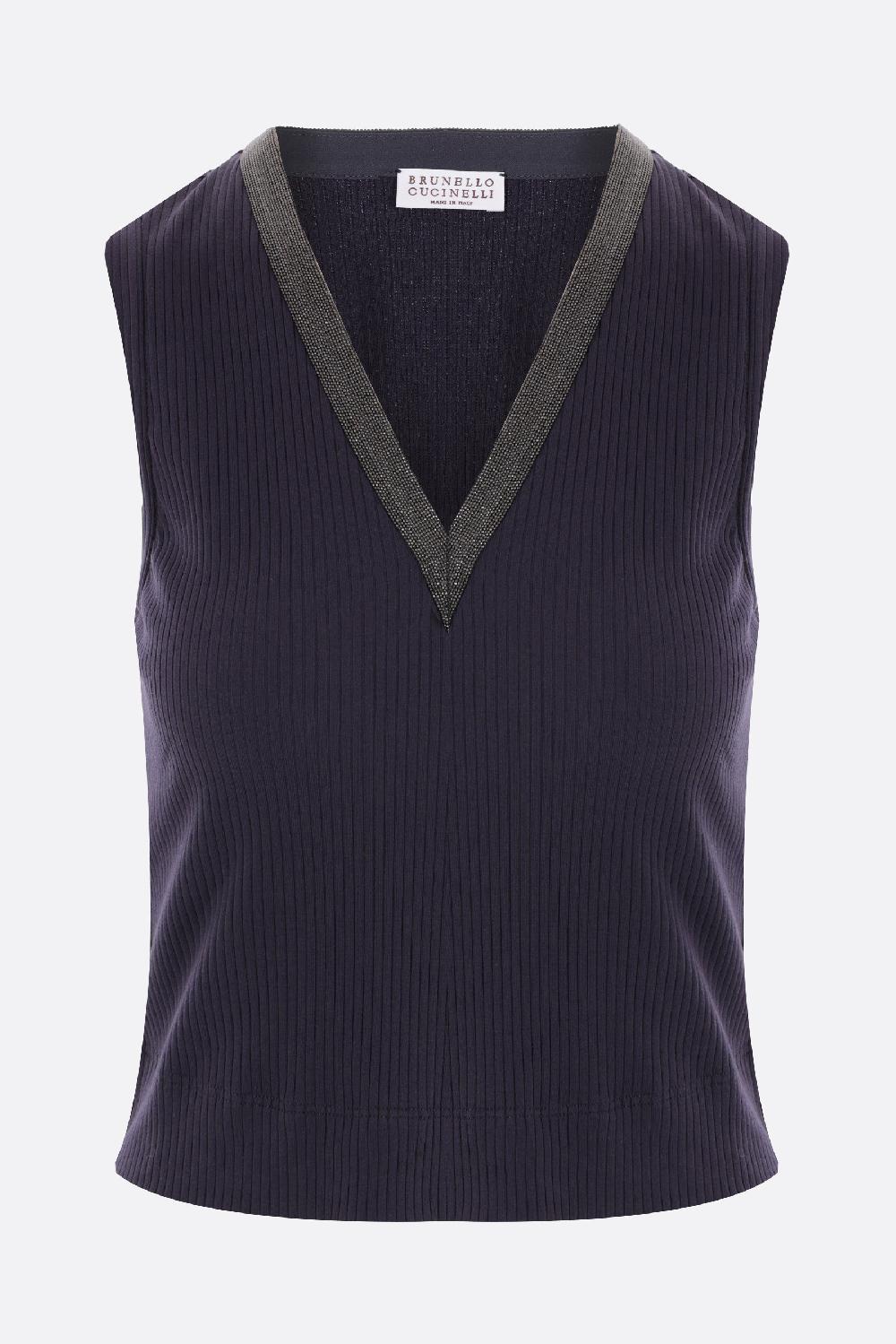 BRUNELLO CUCINELLI Top Smanicato Cropped In Cotone Stretch Con Shiny Neckline