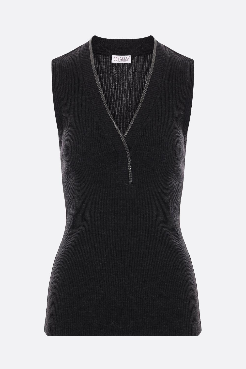 BRUNELLO CUCINELLI top smanicato in maglia di lana con Shiny Neckline