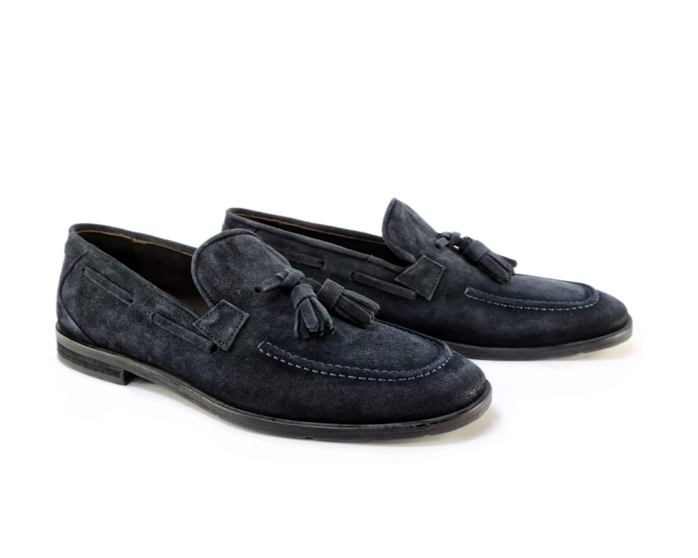 Ton Goût Mocassini da uomo in Camoscio col.Blu fondo Cuoio