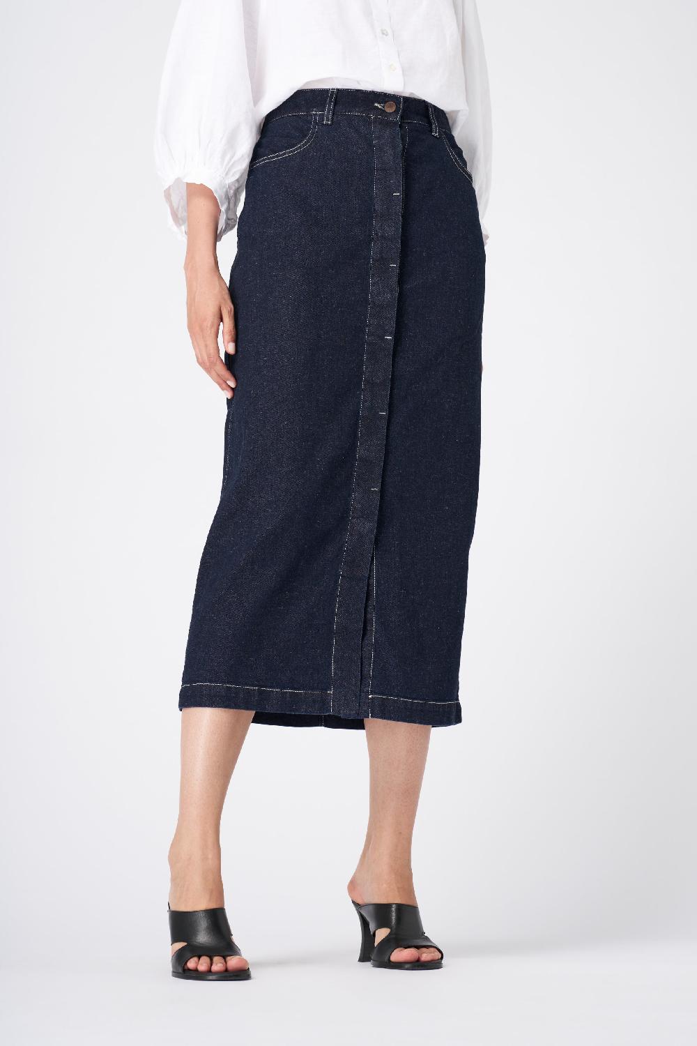 120% Lino Classic High-Waisted Denim Midi Skirt