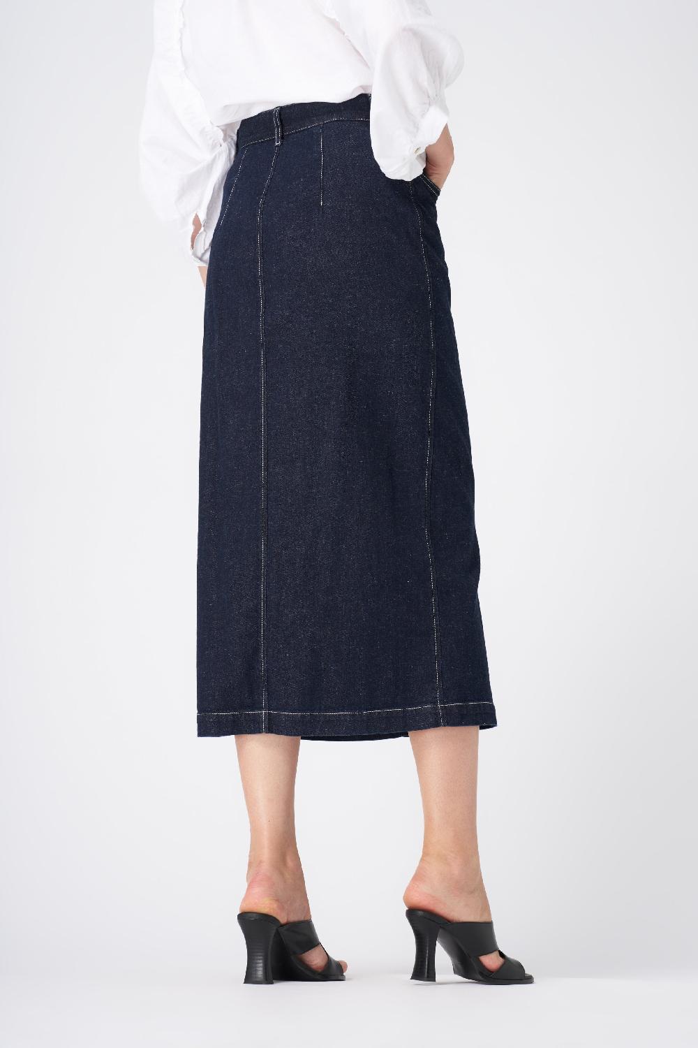 120% Lino Classic High-Waisted Denim Midi Skirt