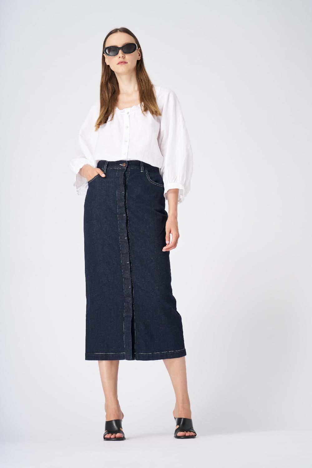 120% Lino Classic High-Waisted Denim Midi Skirt