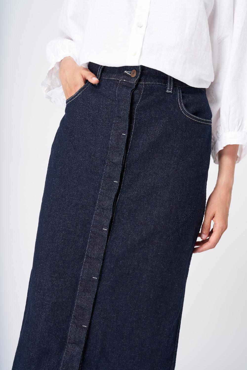 120% Lino Classic High-Waisted Denim Midi Skirt