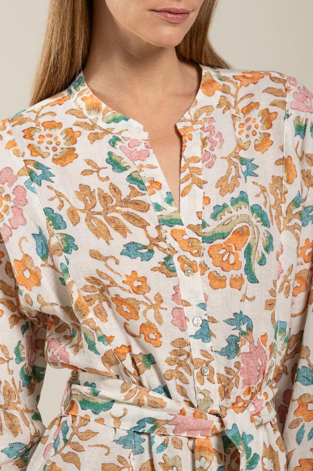 120% Lino Colorful Floral Patterned Dress With Belt