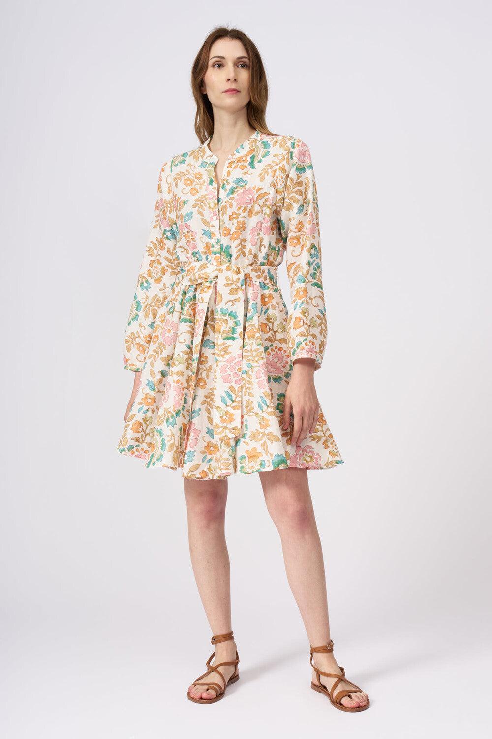 120% Lino Colorful Floral Patterned Dress With Belt