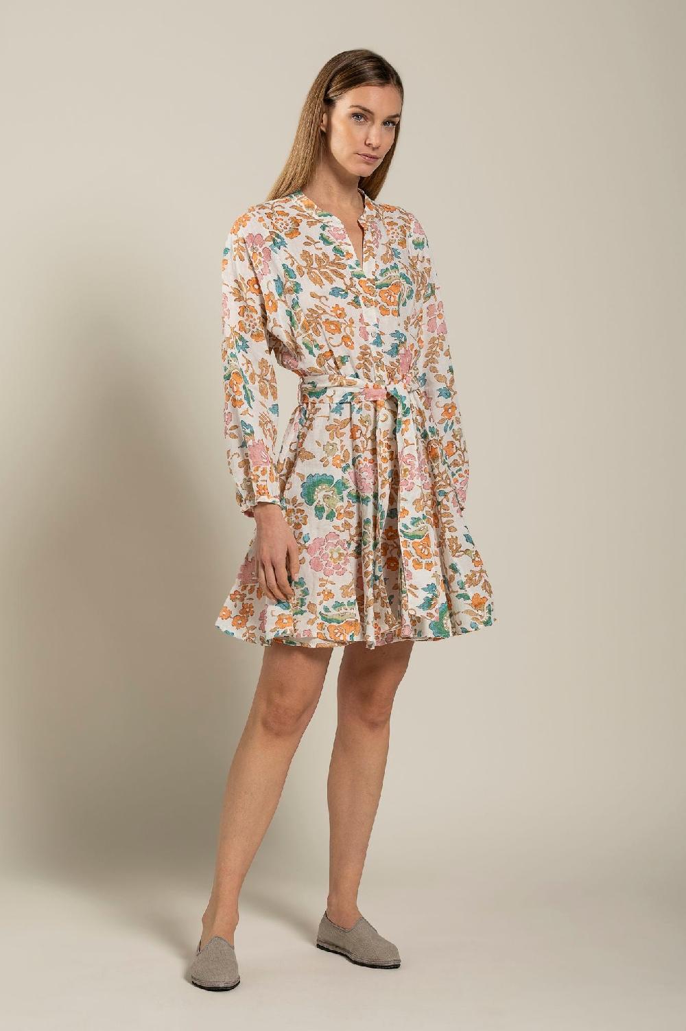 120% Lino Colorful Floral Patterned Dress With Belt