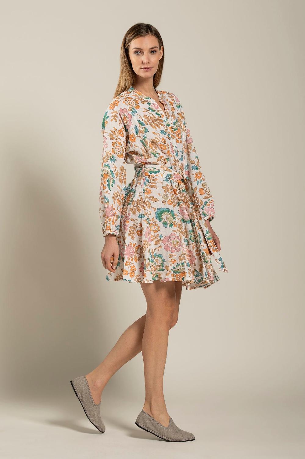 120% Lino Colorful Floral Patterned Dress With Belt