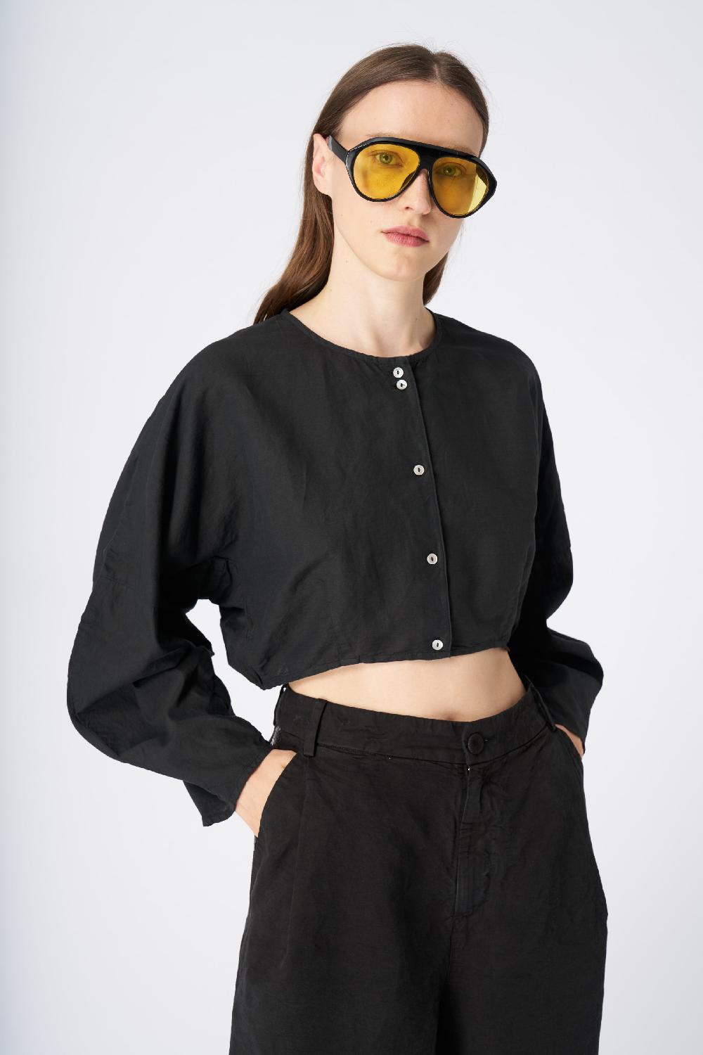 120% Lino Cropped Button-Down Linen Shirt