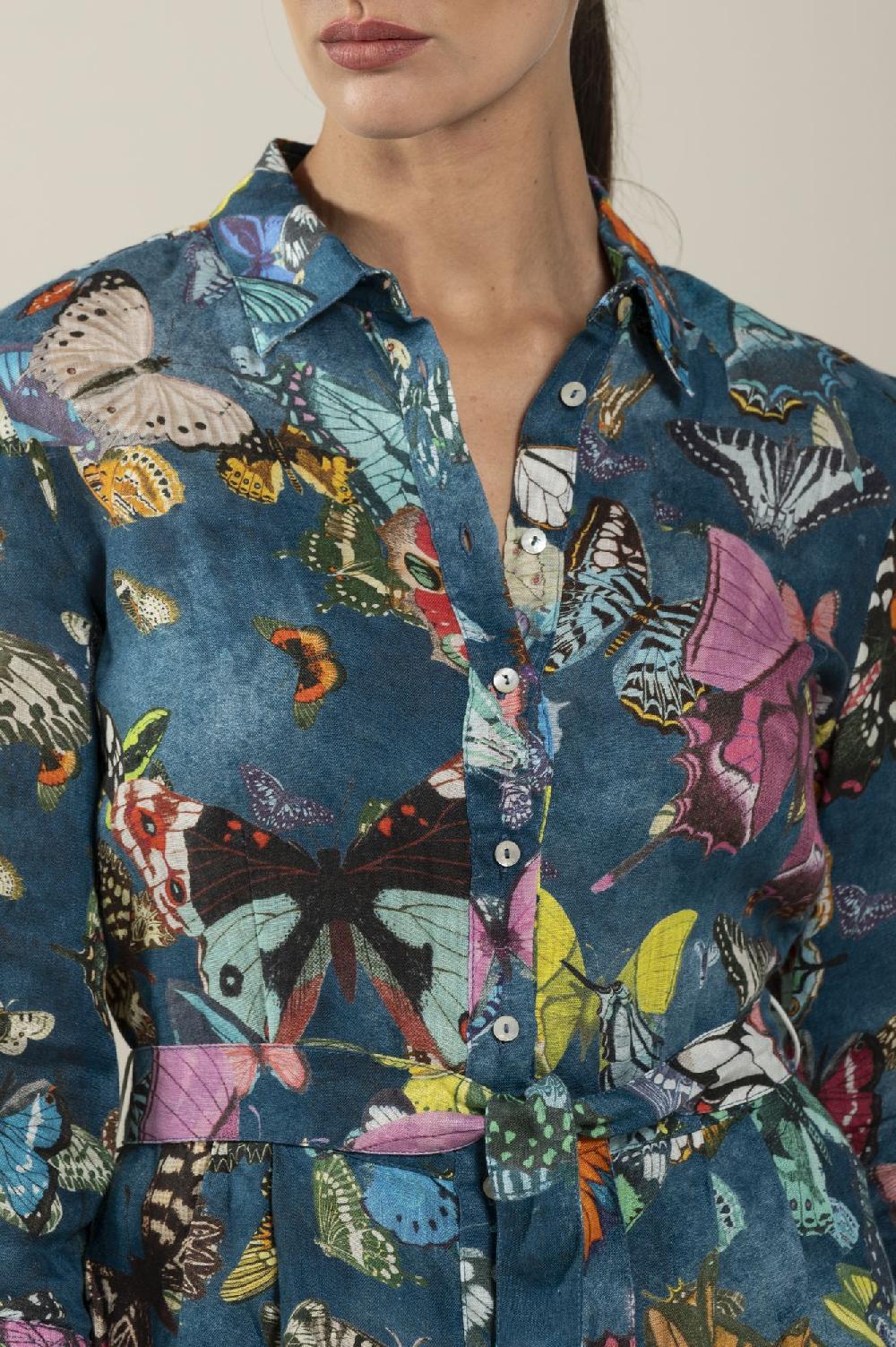 120% Lino Dress With Butterfly Printed And Belt