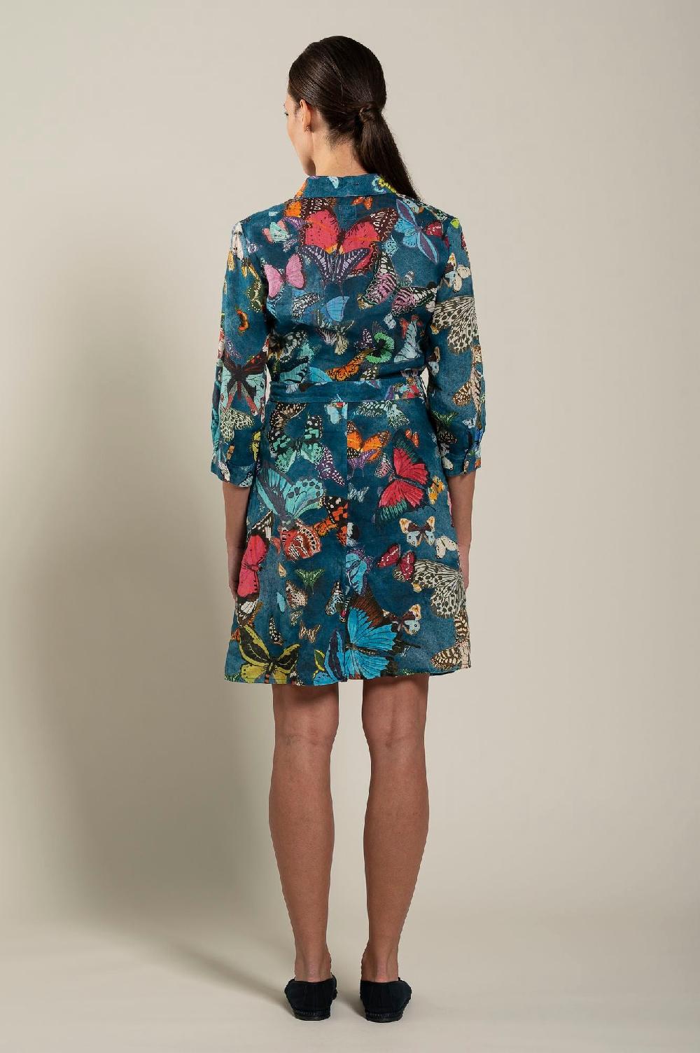 120% Lino Dress With Butterfly Printed And Belt