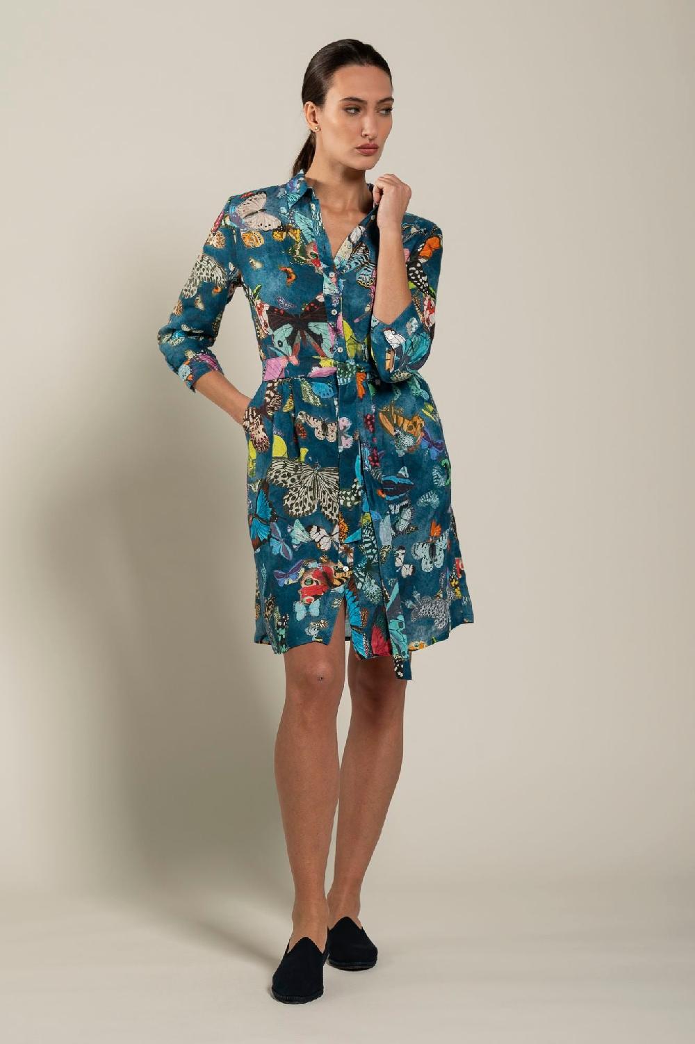 120% Lino Dress With Butterfly Printed and Belt