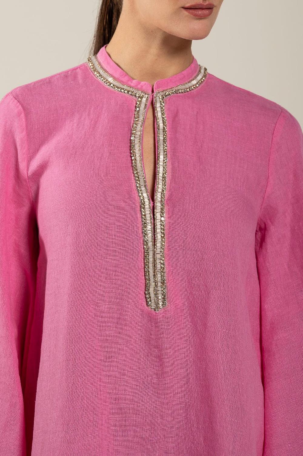 120% Lino Dress With Embellishment And Wide Sleeves