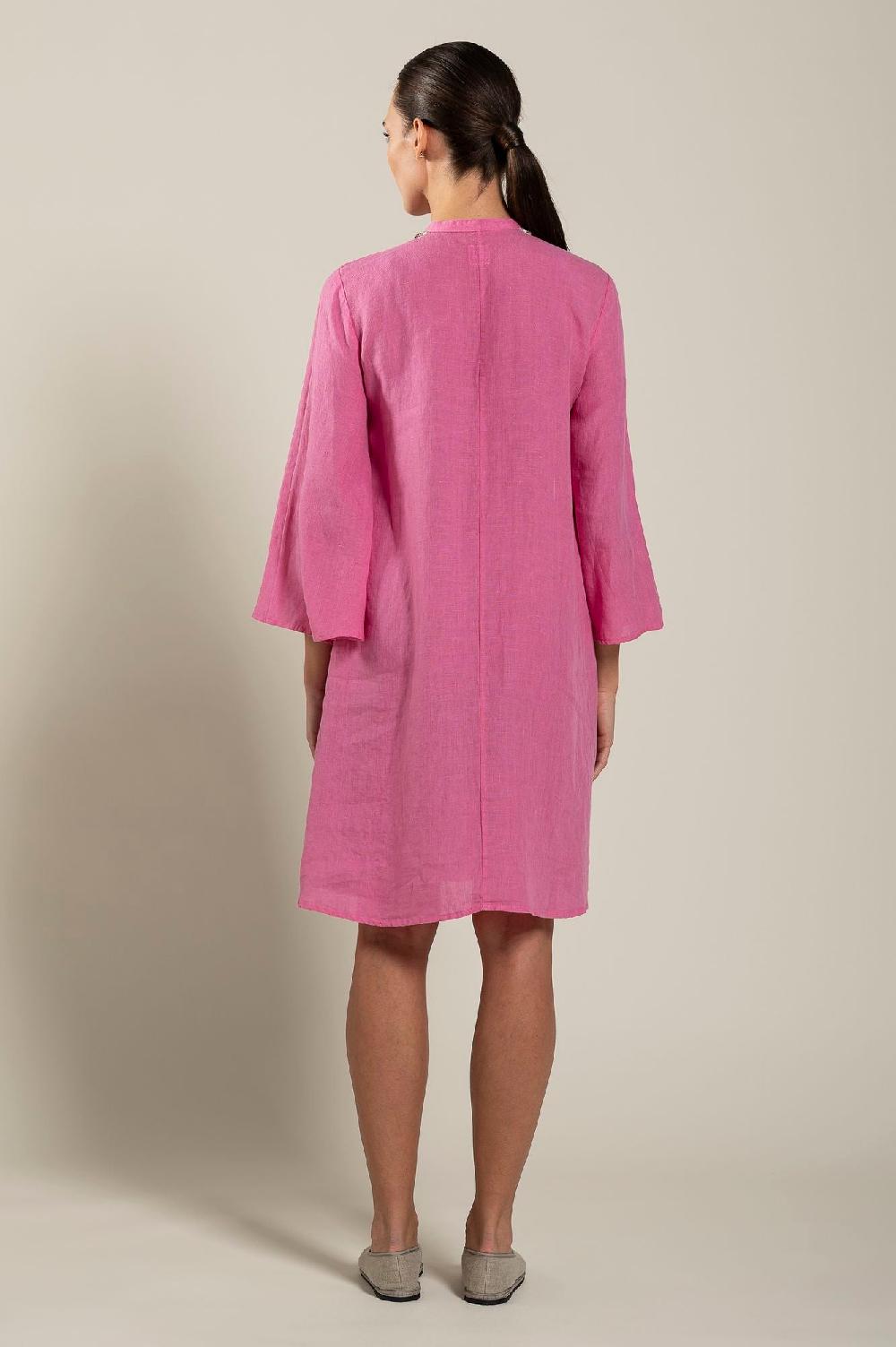 120% Lino Dress With Embellishment And Wide Sleeves