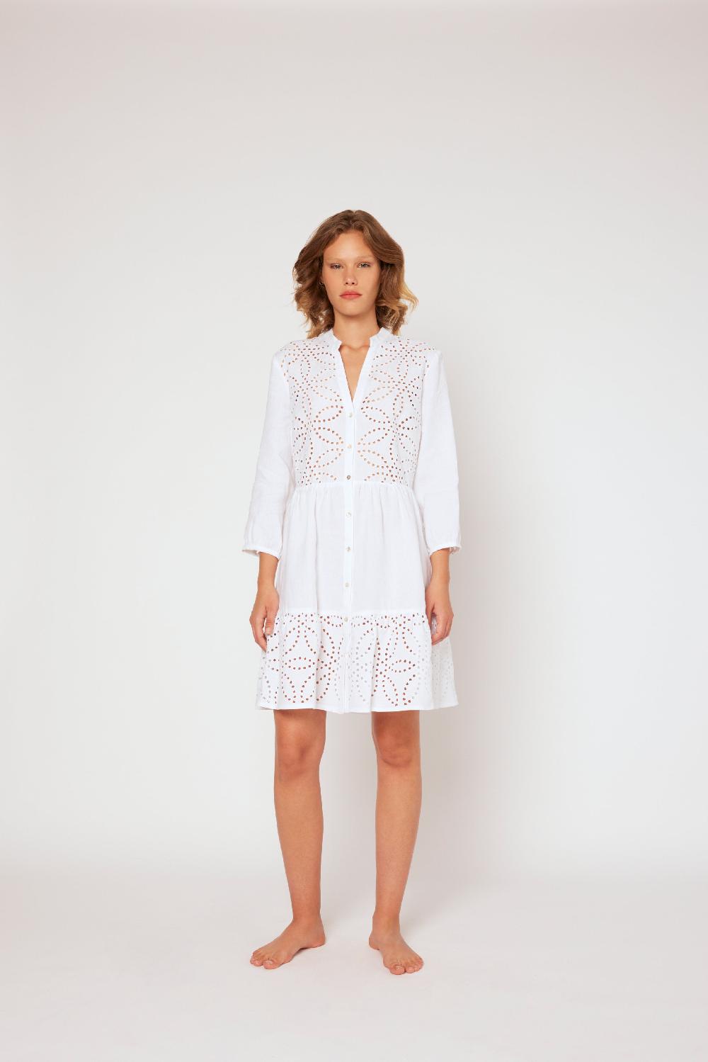 120% Lino Dress With Floral Embroidery