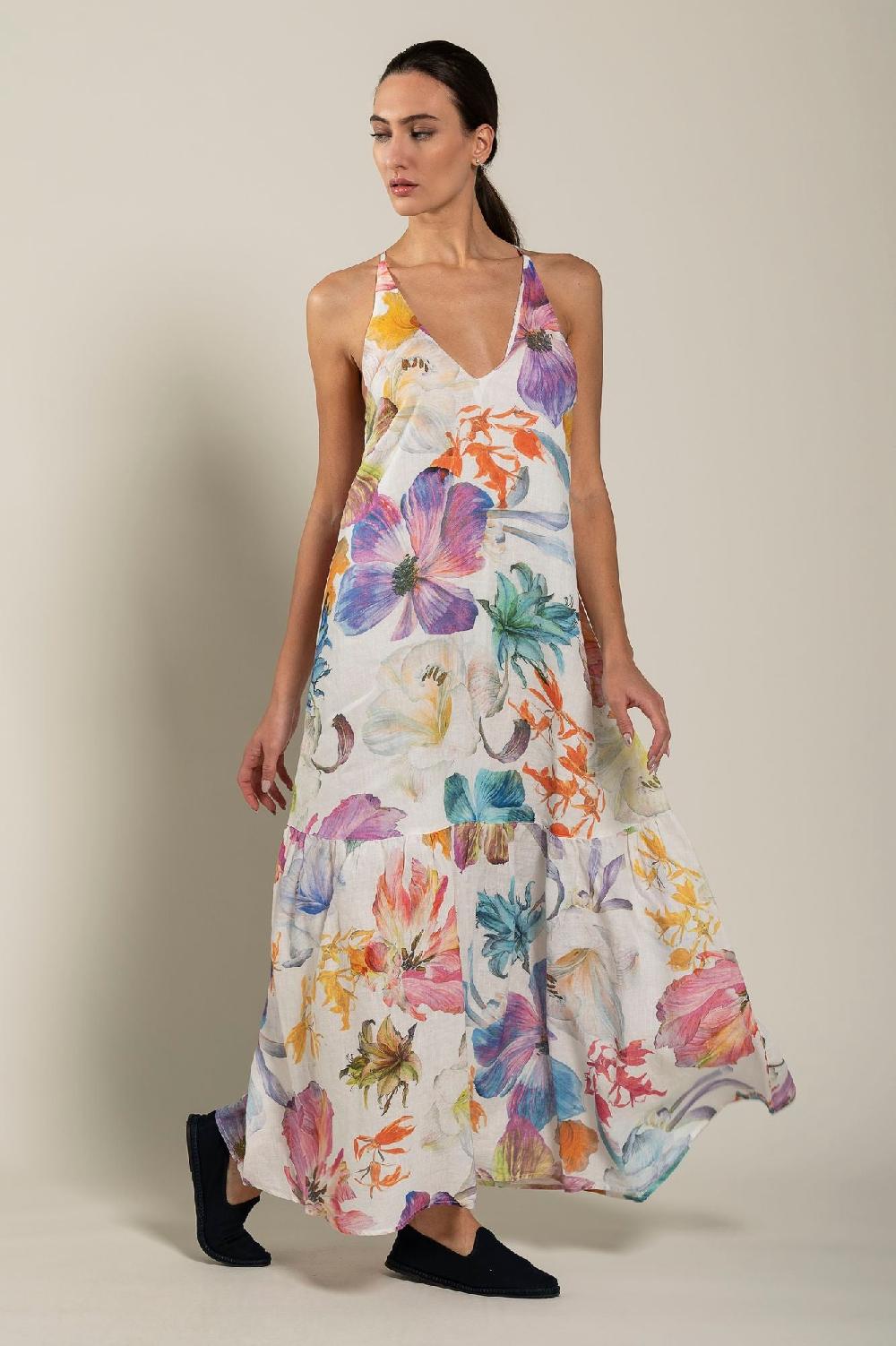 120% Lino Floral Print Maxi Dress