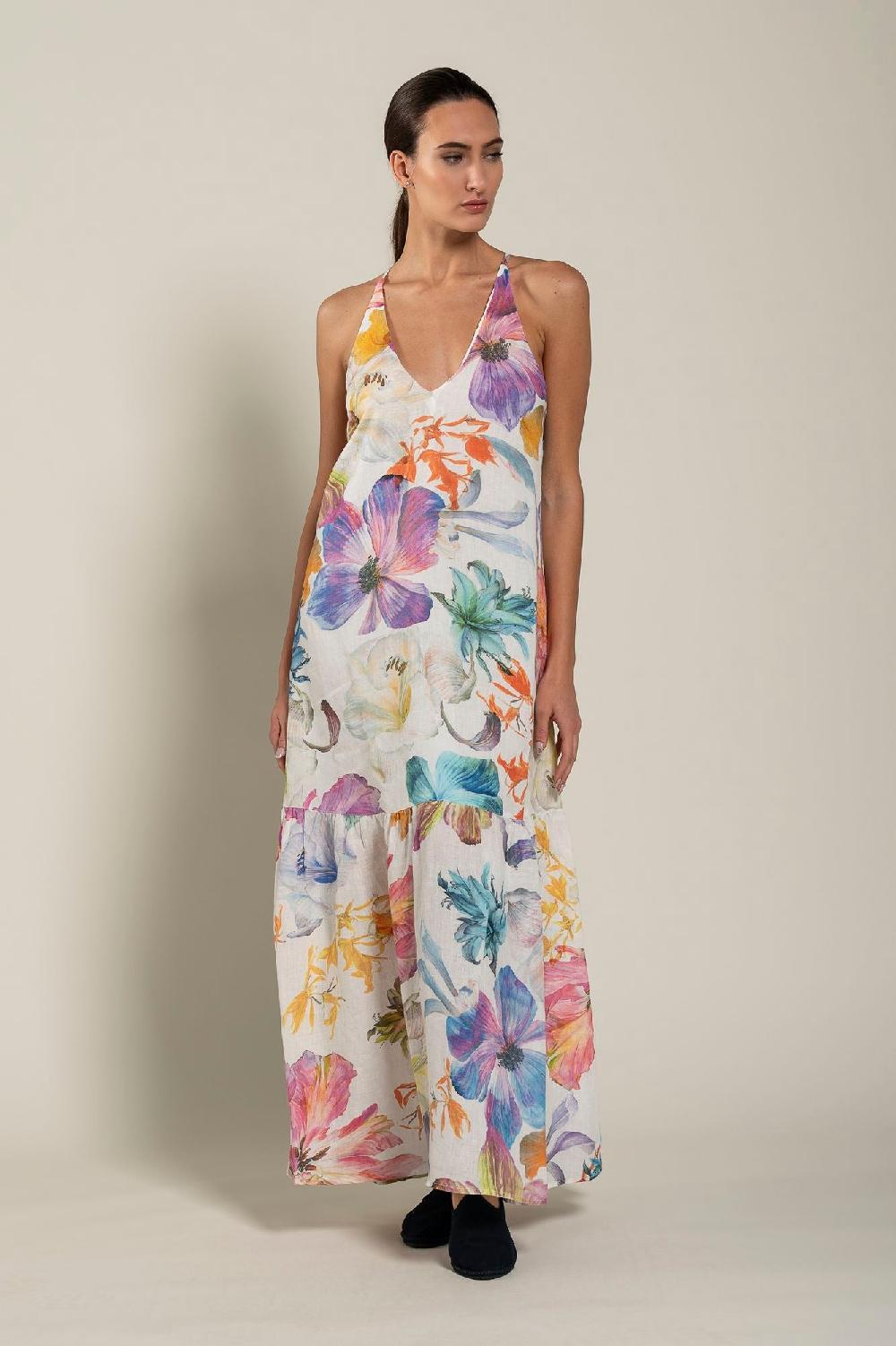120% Lino Floral Print Maxi Dress