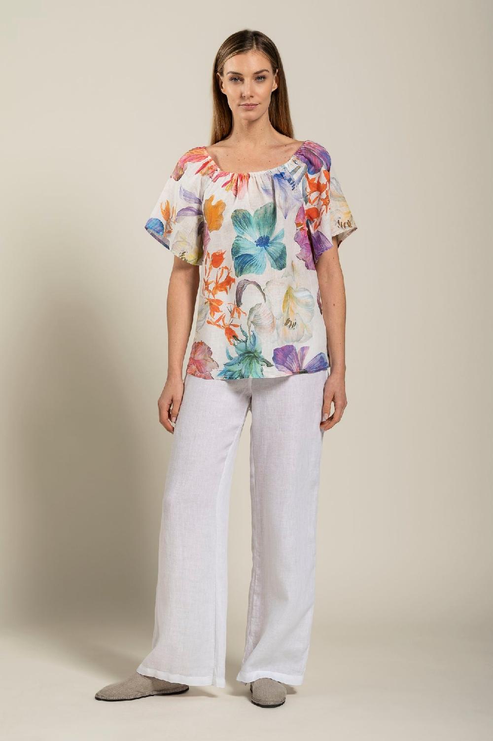 120% Lino Floral Print Women Blouse