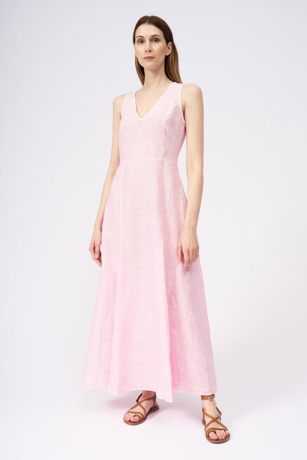 120% Lino Long Dress With V-Neckline