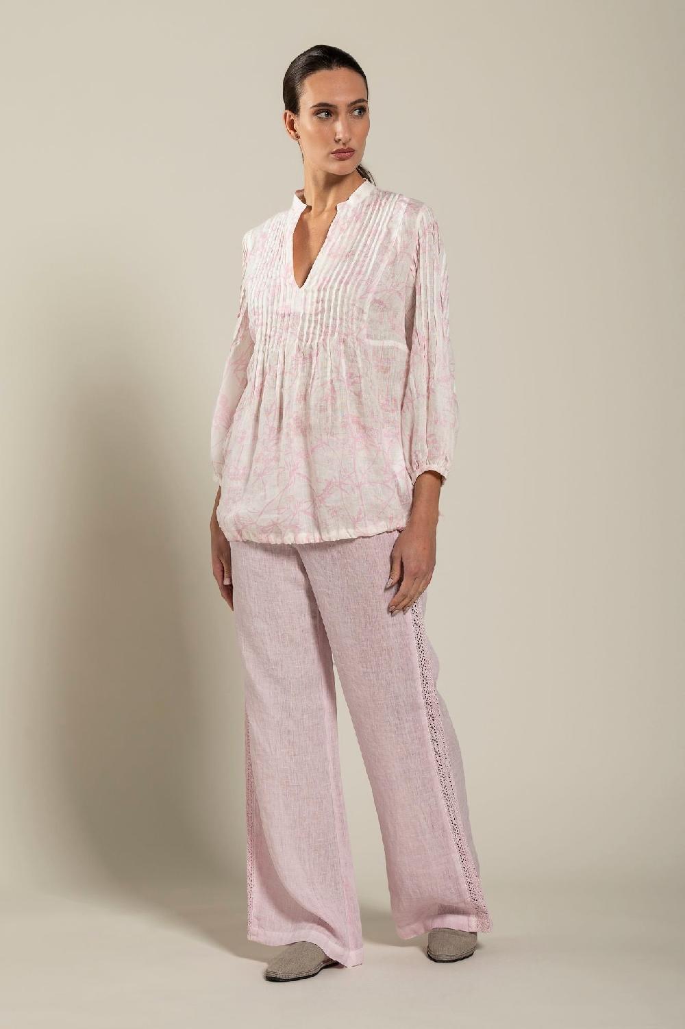 120% Lino Long Sleeve Blouse with Delicate Printed