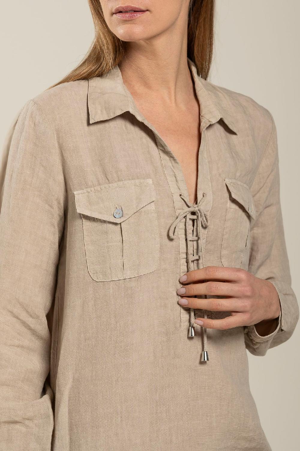 120% Lino Long Sleeve Dress With Pockets