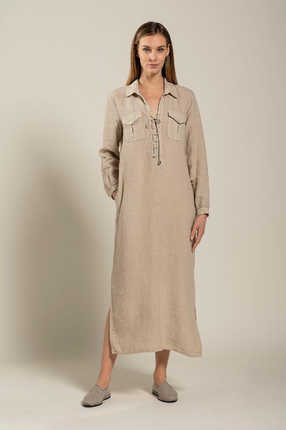 120% Lino Long Sleeve Dress With Pockets