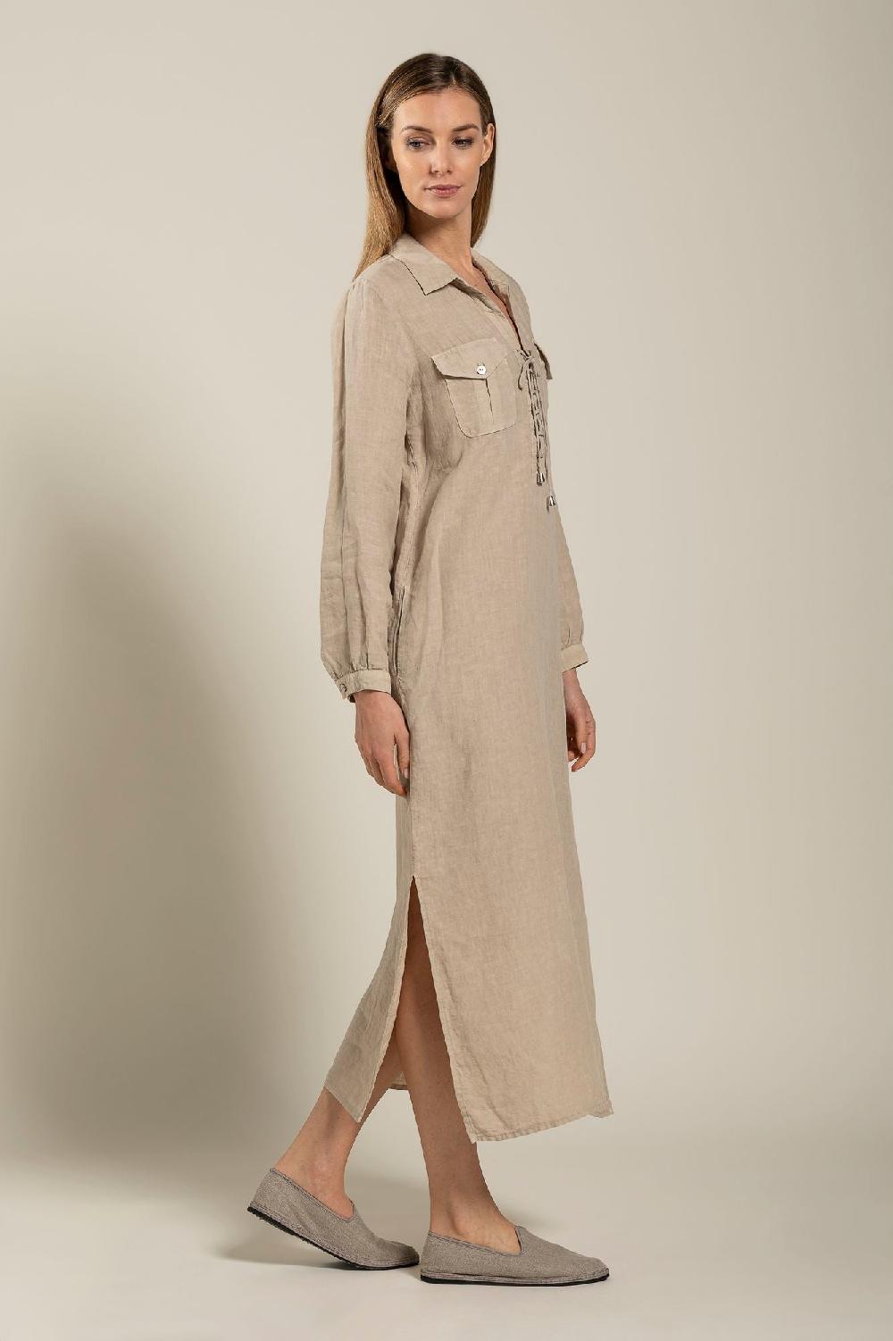 120% Lino Long Sleeve Dress With Pockets