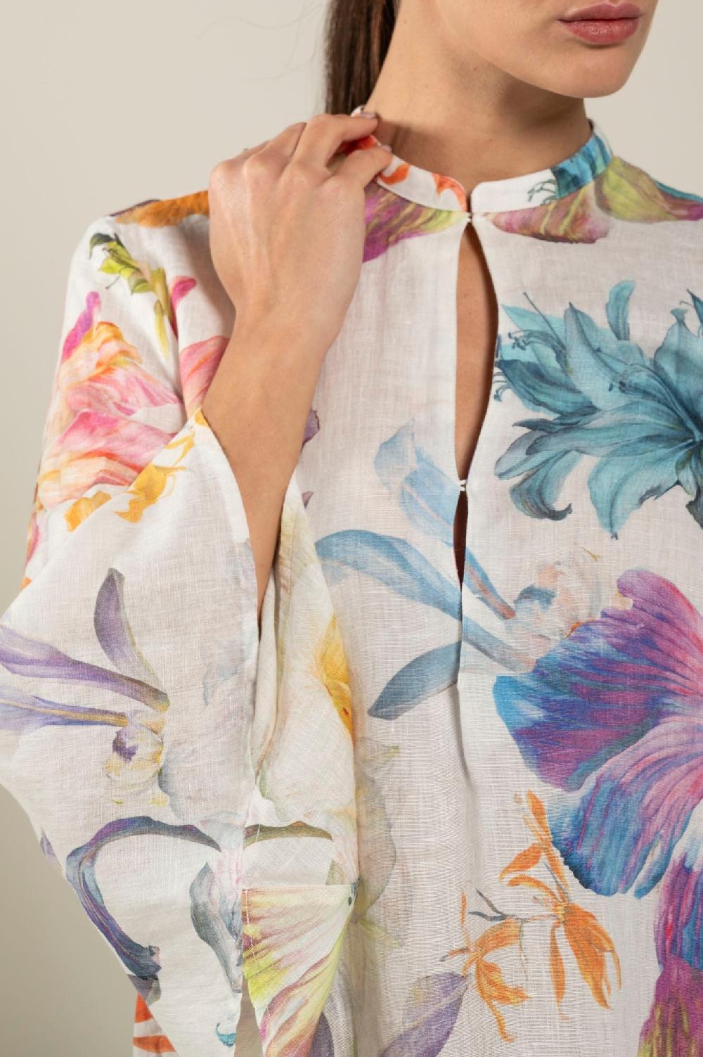 120% Lino Long Sleeve Floral Print Dress