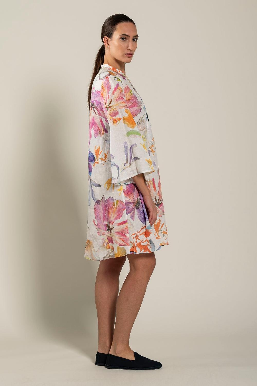 120% Lino Long Sleeve Floral Print Dress