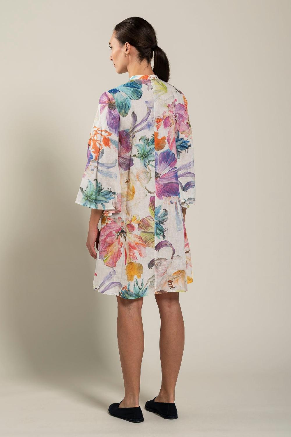 120% Lino Long Sleeve Floral Print Dress