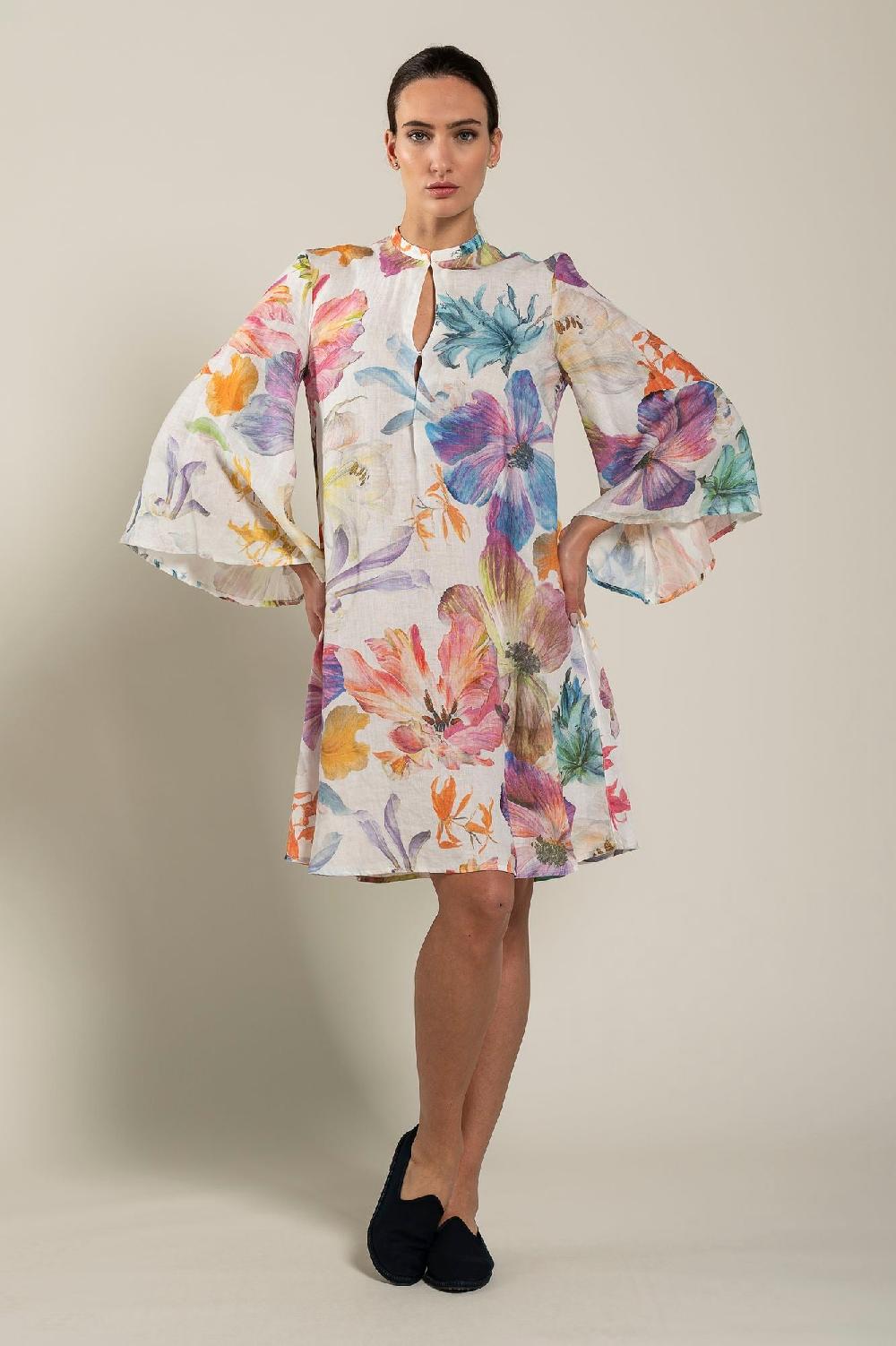 120% Lino Long Sleeve Floral Print Dress