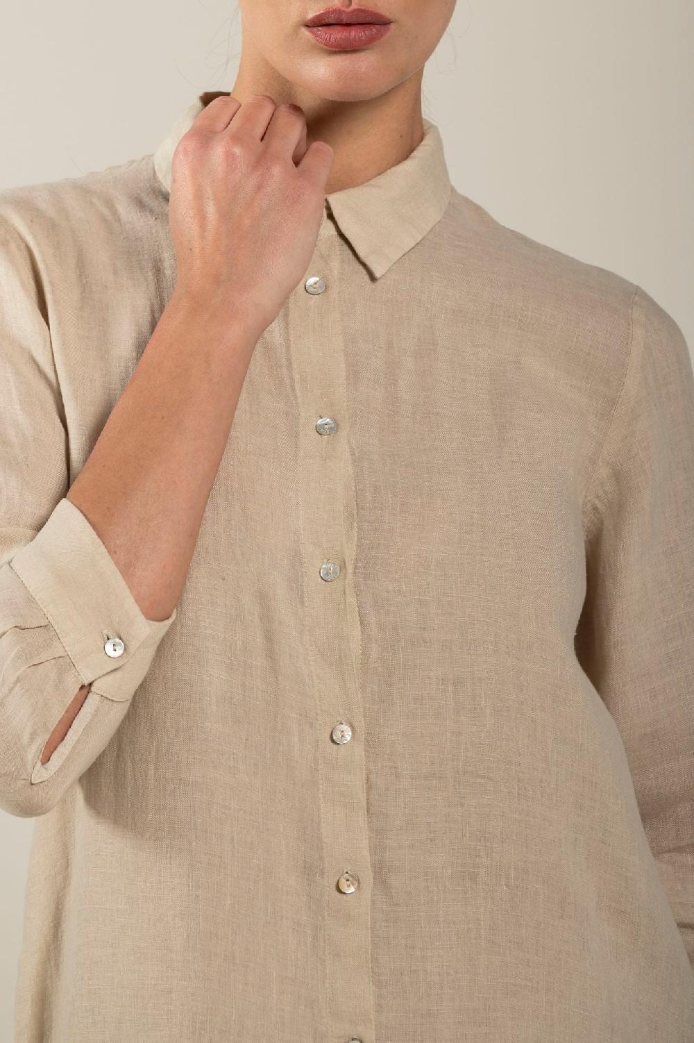 120% Lino Long Sleeve Shirt Dress With Side Slits