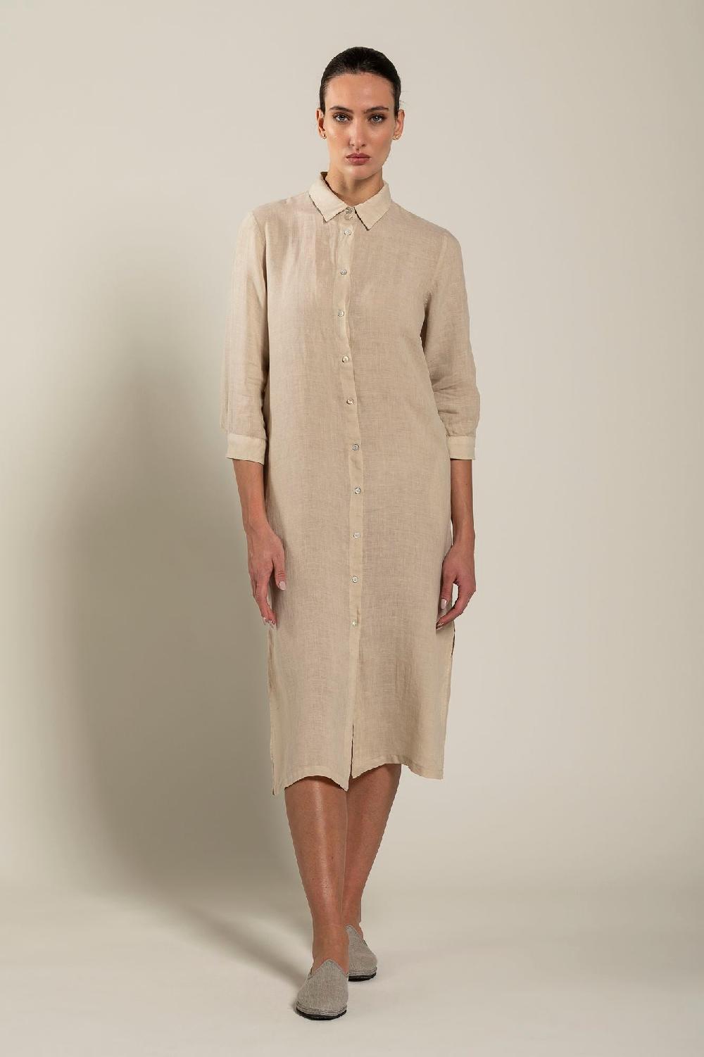 120% Lino Long Sleeve Shirt Dress With Side Slits