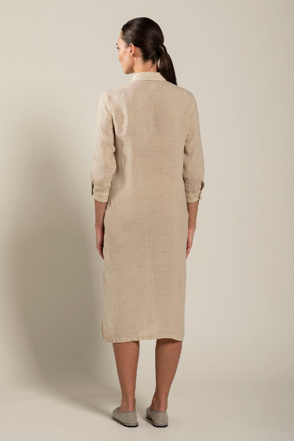 120% Lino Long Sleeve Shirt Dress With Side Slits