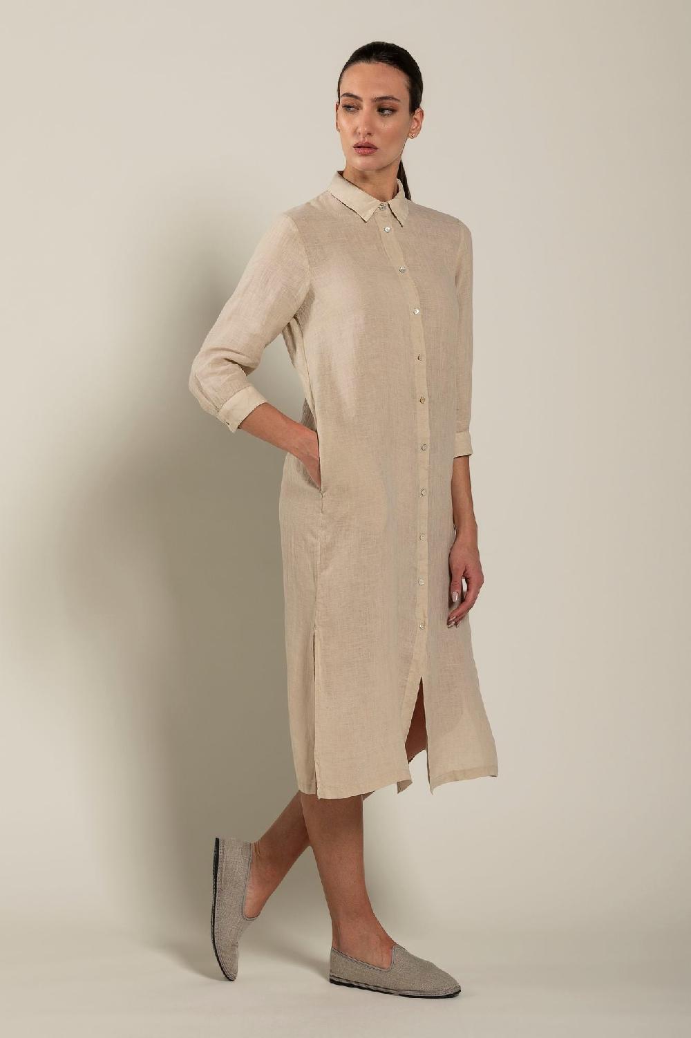 120% Lino Long Sleeve Shirt Dress with Side Slits