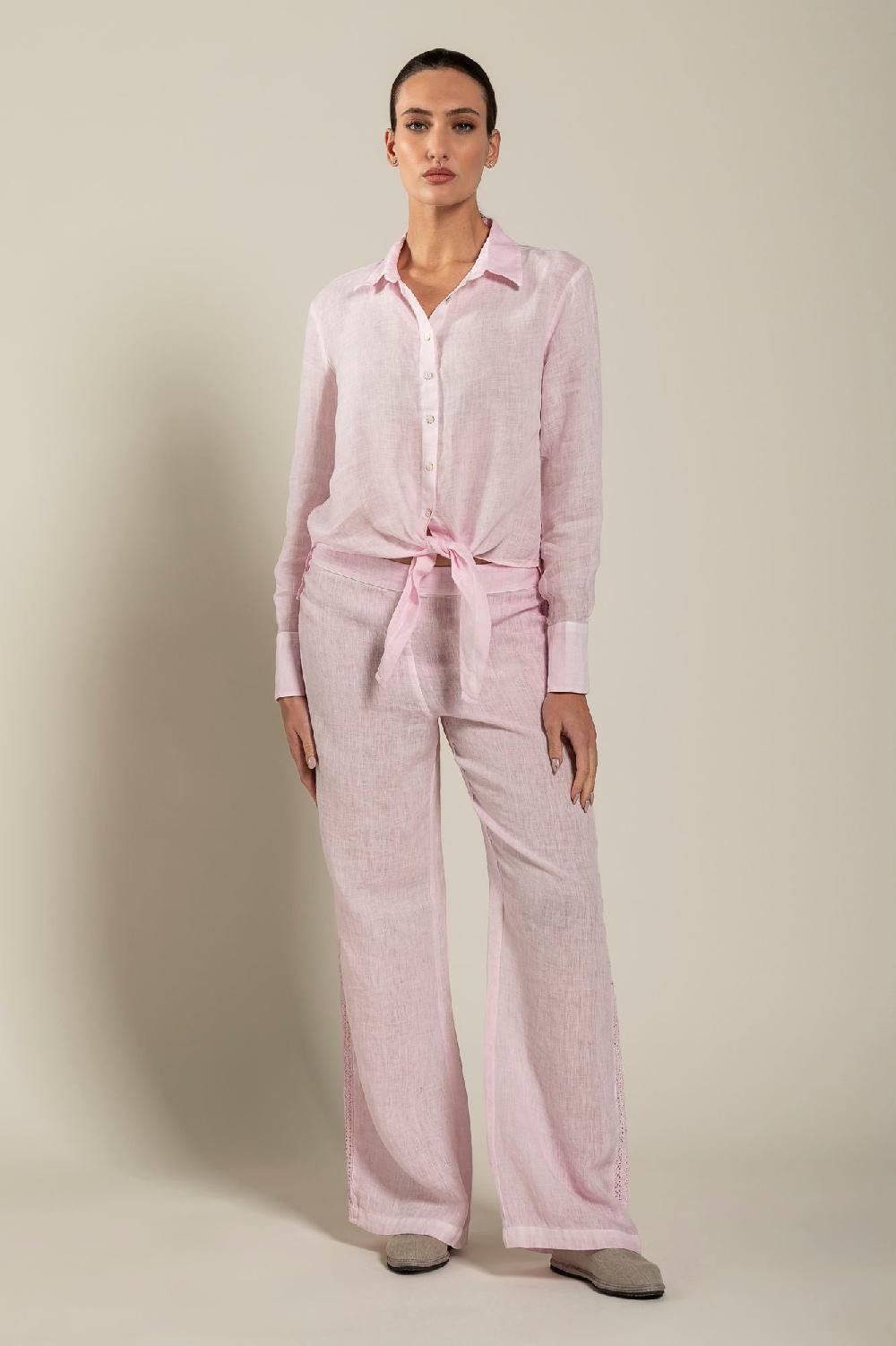 120% Lino Long Sleeve Shirt With Tie-Front