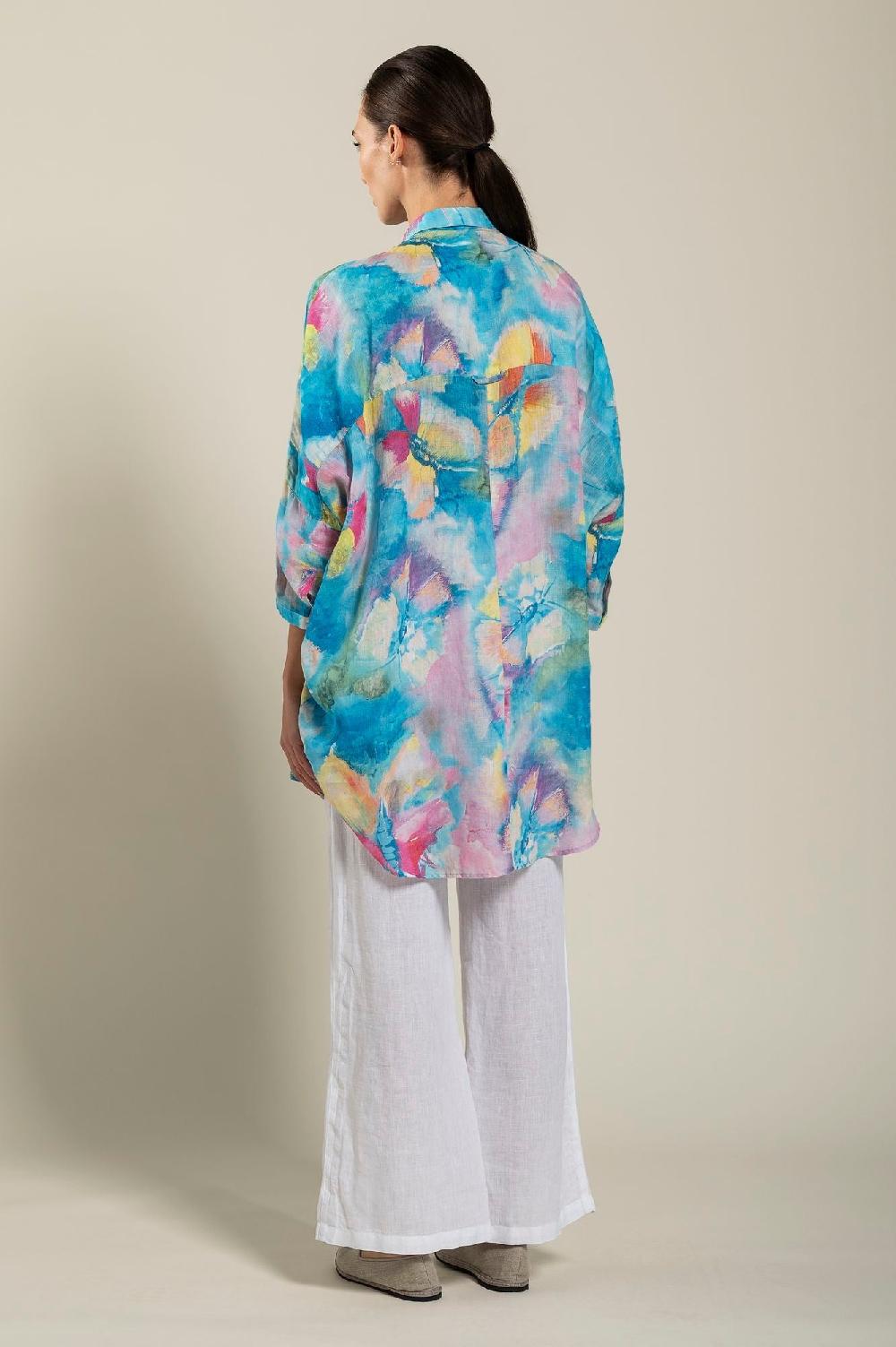 120% Lino Long Sleeve Woman Butterfly Print Shirt