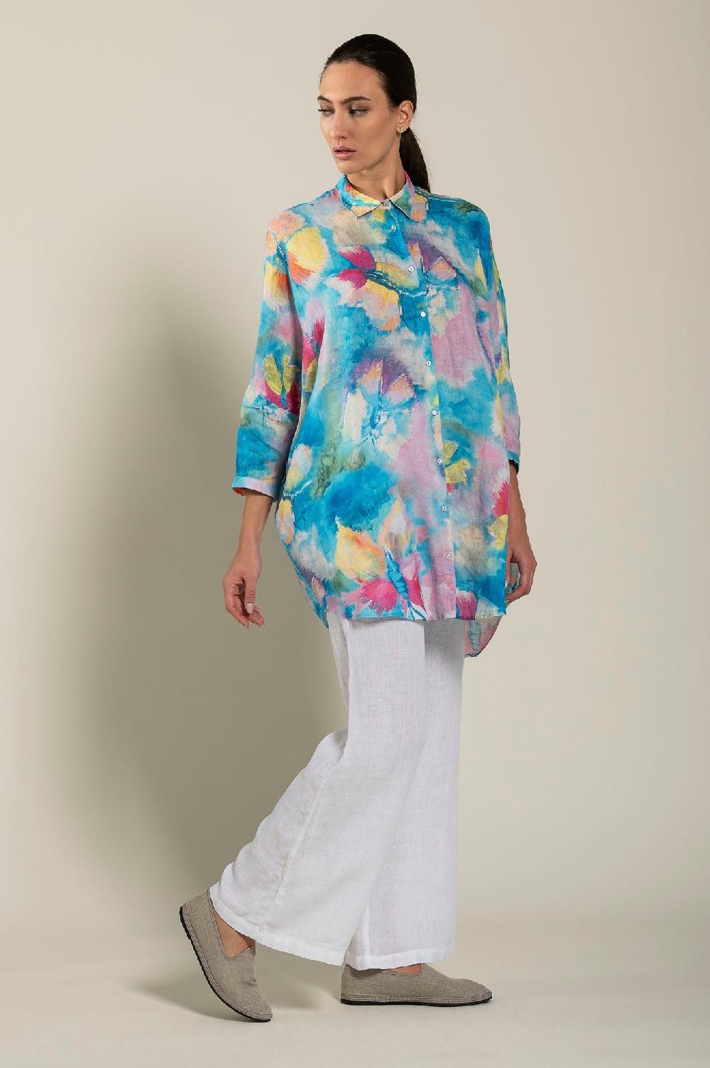 120% Lino Long Sleeve Woman Butterfly Print Shirt