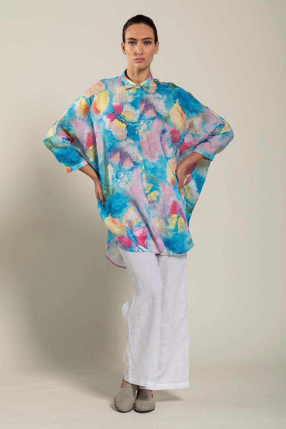 120% Lino Long Sleeve Woman Butterfly Print Shirt