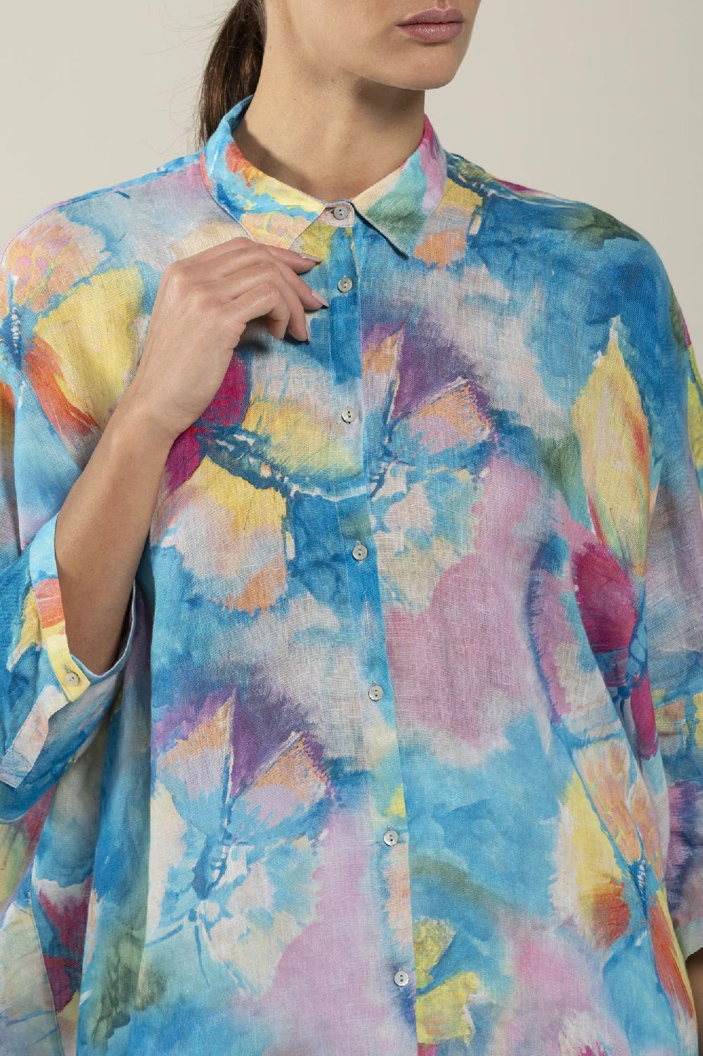 120% Lino Long Sleeve Woman Butterfly Print Shirt