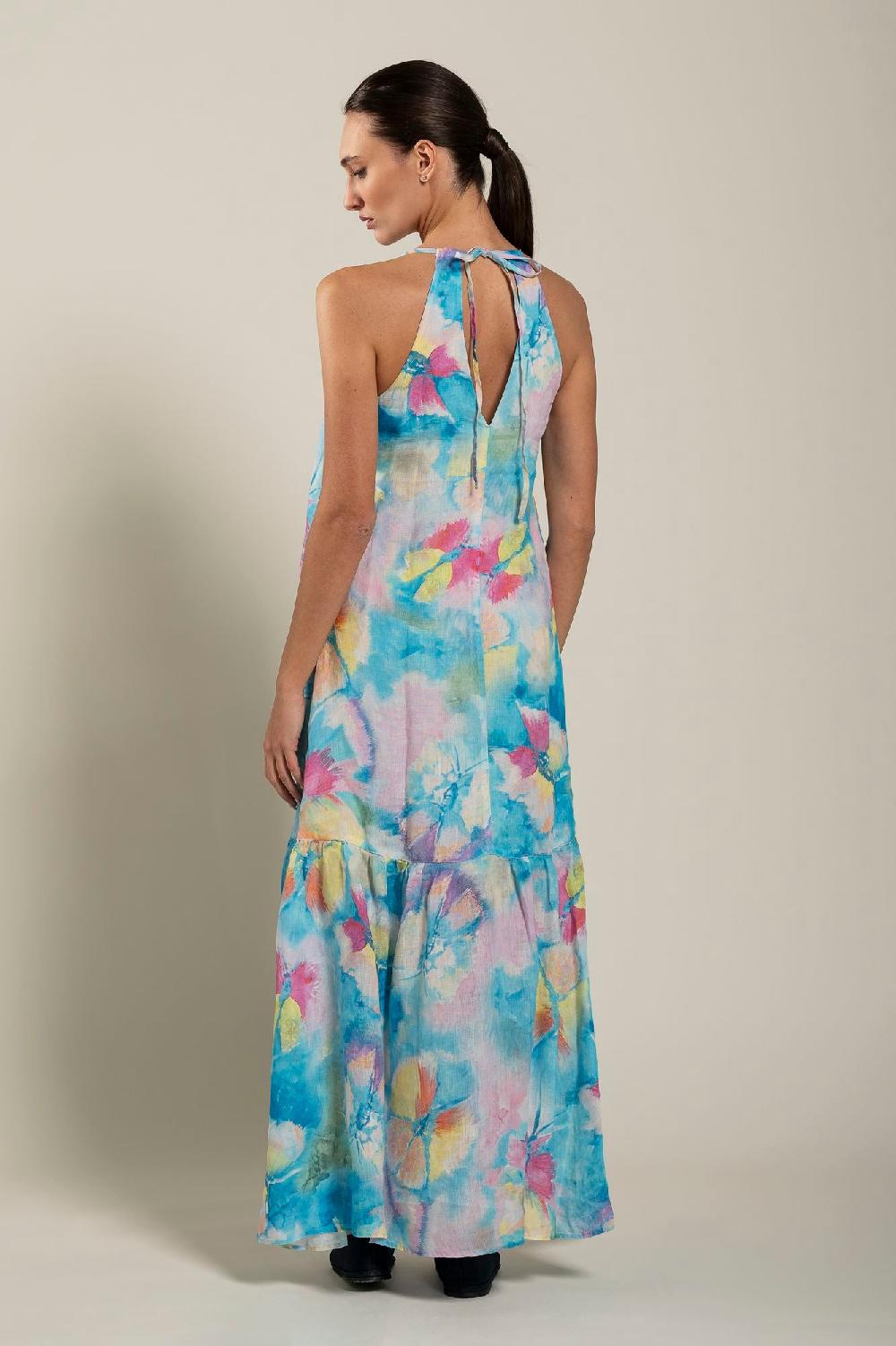 120% Lino Maxi Butterfly Print Dress
