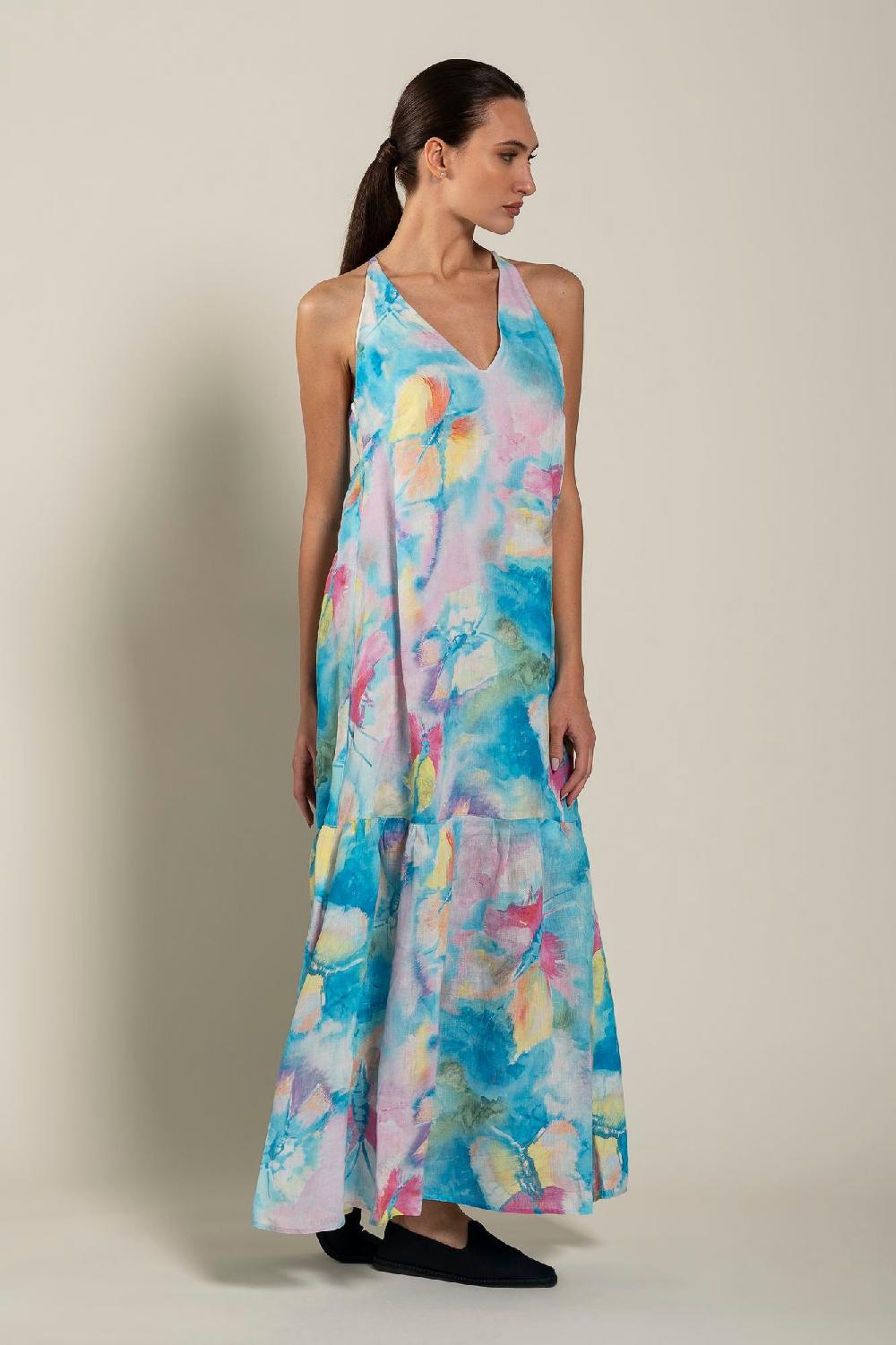 120% Lino Maxi Butterfly Print Dress