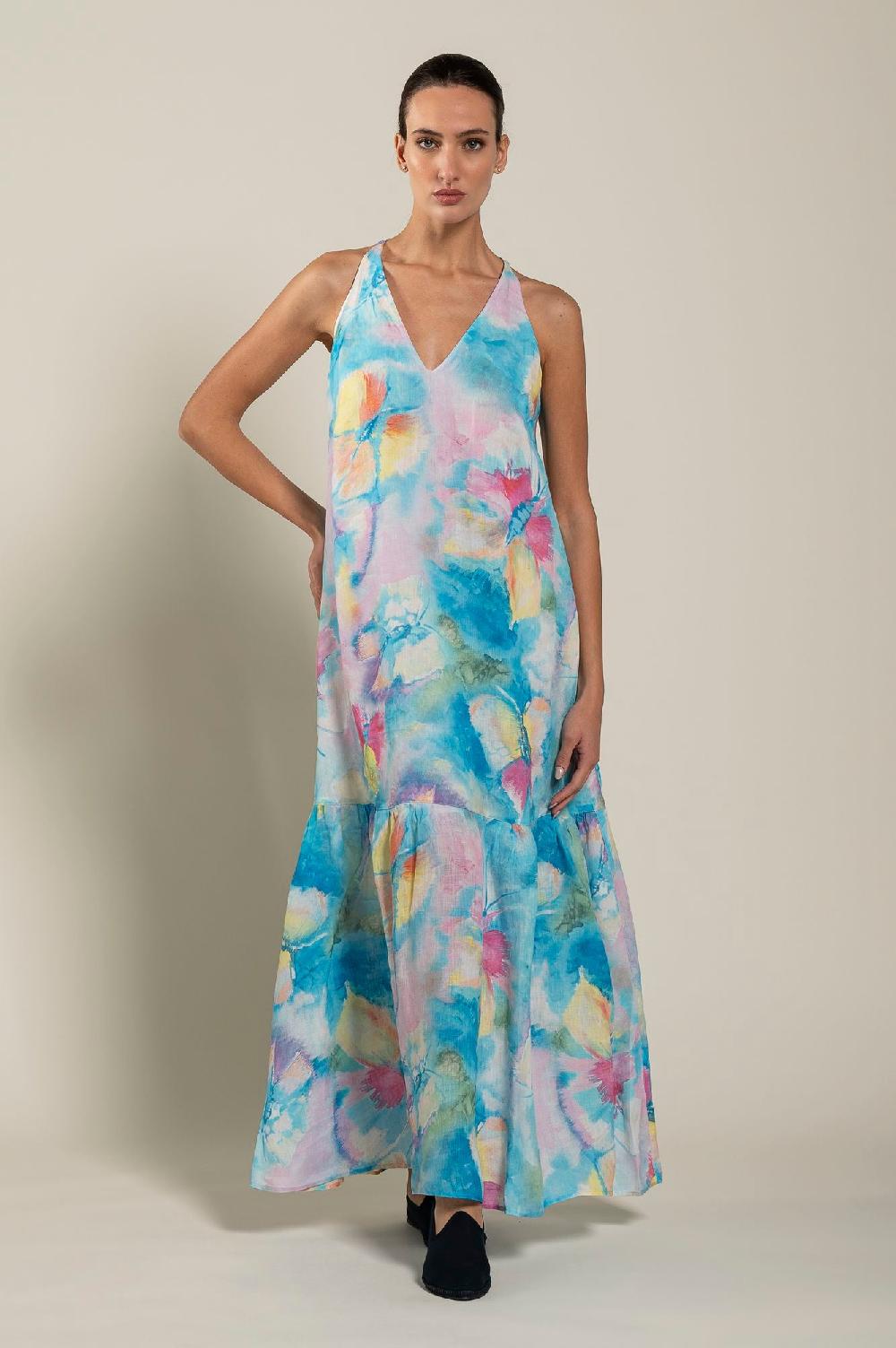 120% Lino Maxi Butterfly Print Dress